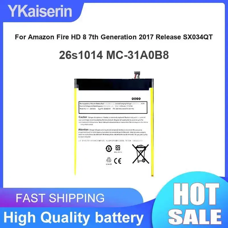 For Amazon Fire HD 8 7th Generation 2017 Release SX034QT 4750mAh Stable Power Supply 26s1014 MC-31A0B8 Tablet Battery