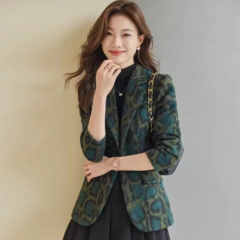 Autumn Winter Women Leopard Printed Woolen Blazer Long Sleeve Single Breasted Jacket Streetwear Ladies Blazer Female Outerwear