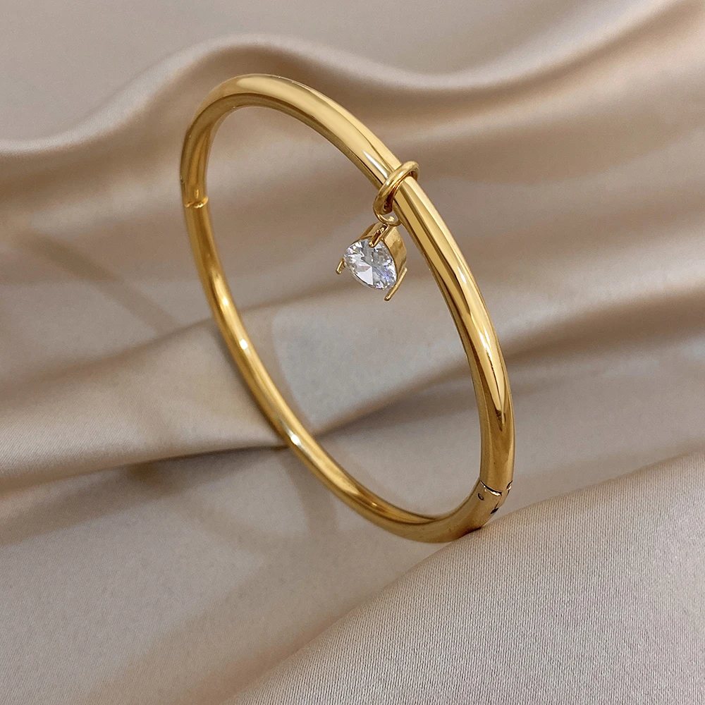Minimalist Smooth Stainless Steel Round Bangle Bracelet Women Retro Water Drop Zircon Pendant Bracelet Waterproof Jewelry Gifts