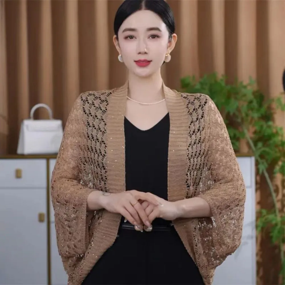 

Trendy Hollow Ice Silk Shawl Simple Elegant Sunscreen Crop Knit Cardigan Luxury Long Sleeve Smock Top