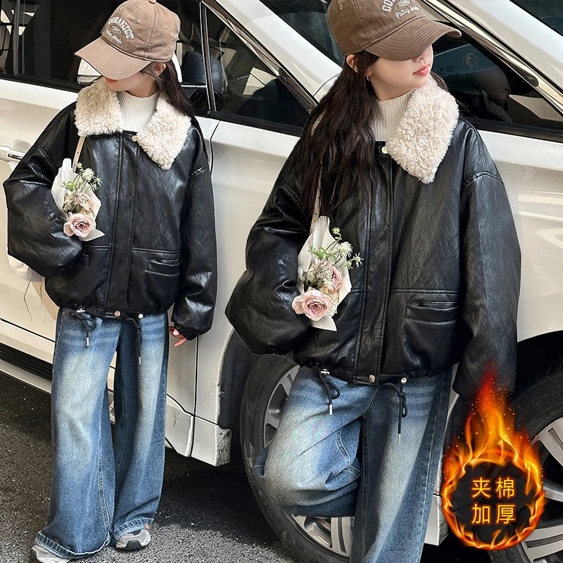 

Winter Girl's Fur Leather Jacket Long Sleeved Loose Warm Lamb Wool Vintage Thickened Locomotive Lapel Tween PU Motorcycle Coat