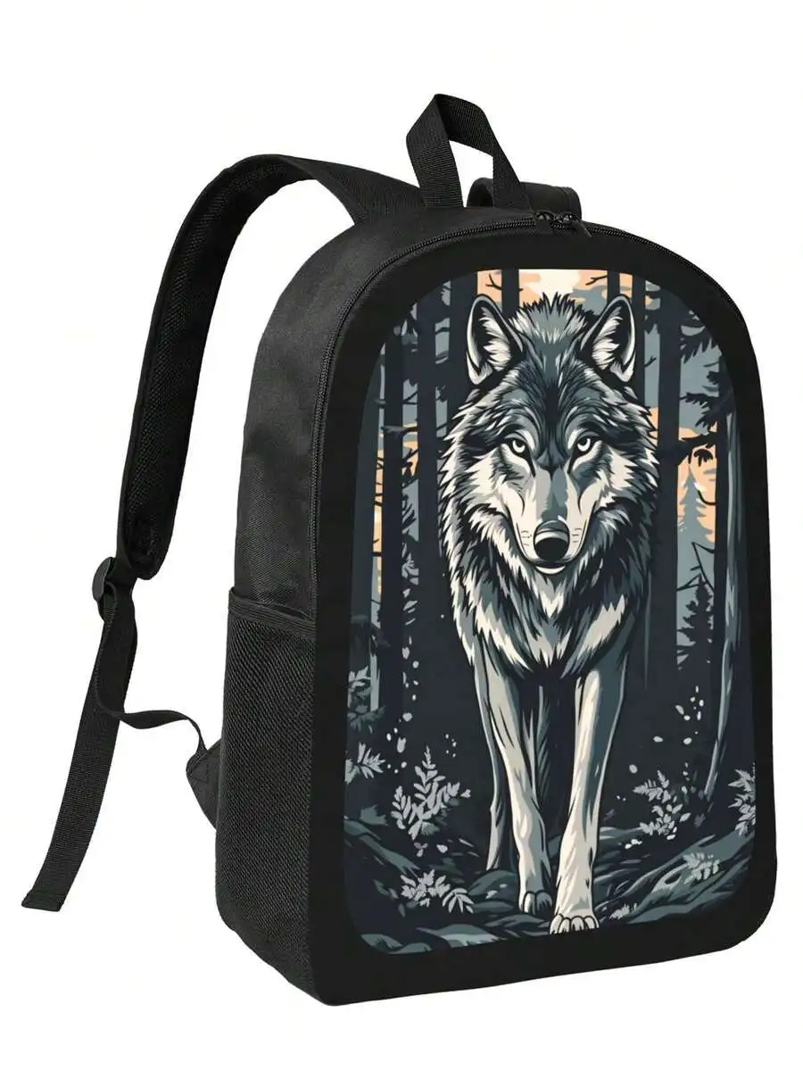 Forest Wolf Print Backpack Lightweight Daily Use Adjustable Straps Zipper Closure For Travel Camping