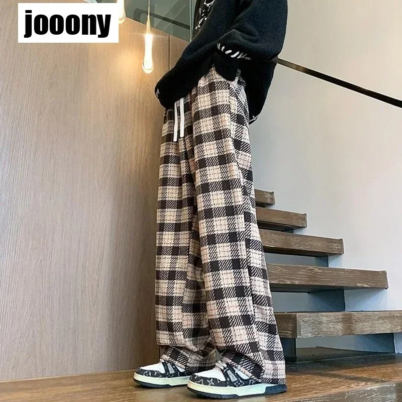 Autumn New Men Casual Harajuku Loose Wide Leg Trousers Ins Retro Teen Straight Trousers Hiphop Streetwear Plaid Straight Pants