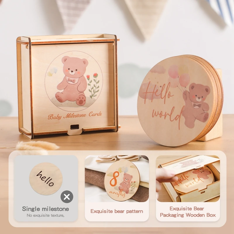 8Pcs Newborn Wooden Milestone Cards 0-12 Months Bear Baby Memories Cards Newborn Photography Props Accessories Birthing Gift