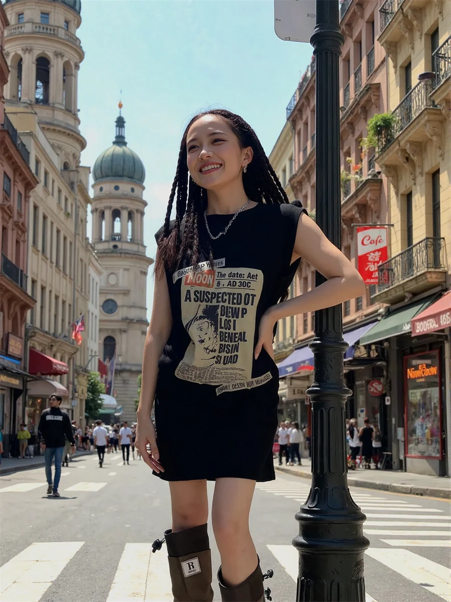 Damenkleid, Harajuku-Trend, schwarze Applikationen, seitlicher Schlitz, Ausschnitt, Spleißen, Ausschnitt, Aushöhlung, Sling, Hosenträger, Riemchen, Schnürung