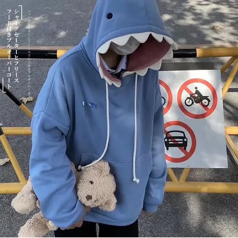 2022 New Fall/Winter Shark Hat Sweatshirt Men's Women's Couple Fleece-Lined Loose Fit Student Weird Design Sensibility Top Jacke