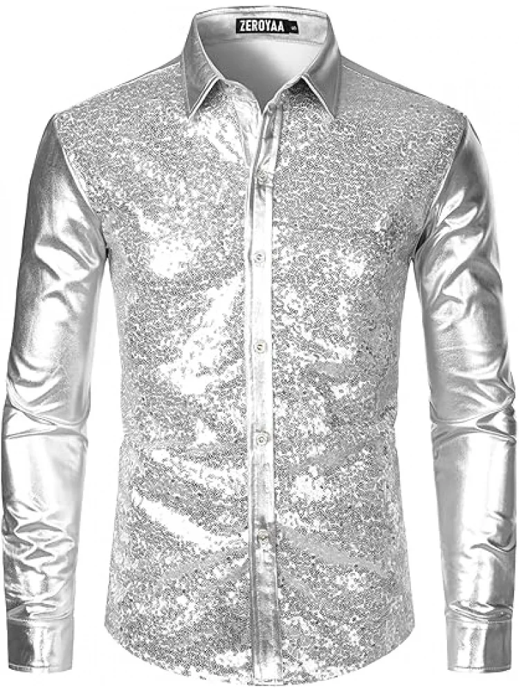 

Мужские блестящие рубашки на пуговицах с металлическими пайетками и длинными рукавами для Хэллоуина, косплея, костюмы для дискотеки 70-х годов