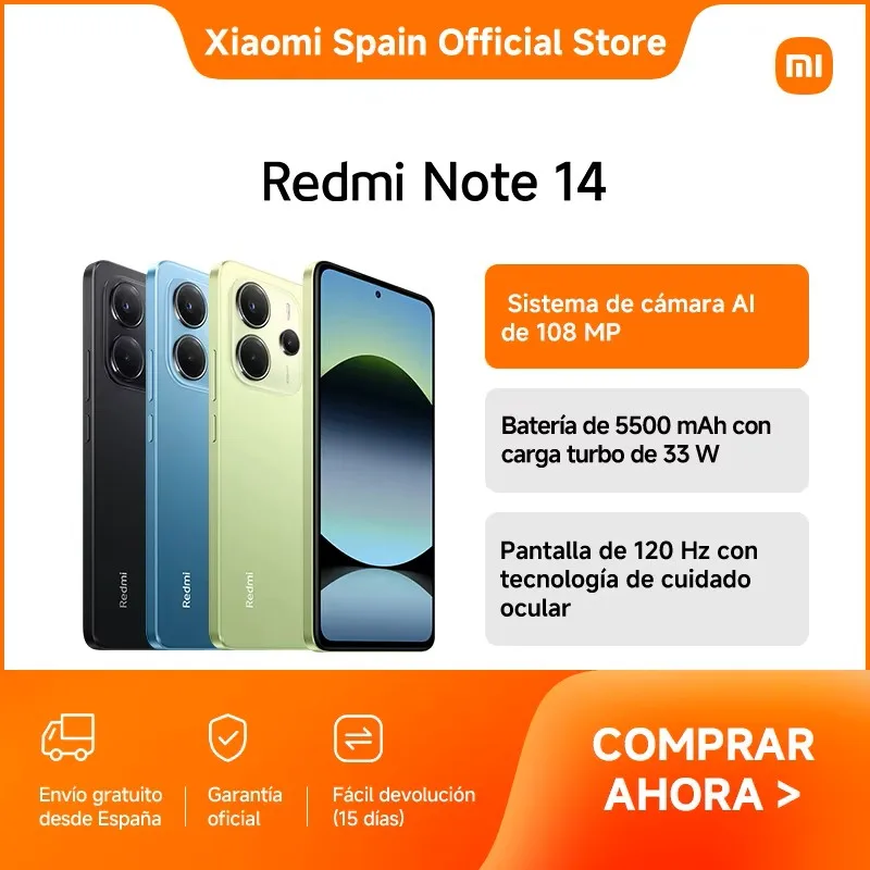 Official | Redmi Note 14, Sistema de cámara AI de 108 MP, Batería de 5500 mAh con carga turbo de 33 W, Pantalla de 120 Hz con tecnología de cuidado ocular, 8GB+256GB
