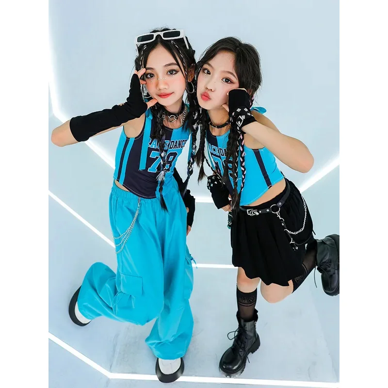 الفتيات Kpop ملابس رقص الجاز زي الاطفال الأزرق سترة السراويل تنورة باردة الهيب هوب الملابس المراهقين الحفل مرحلة الأداء الدعاوى