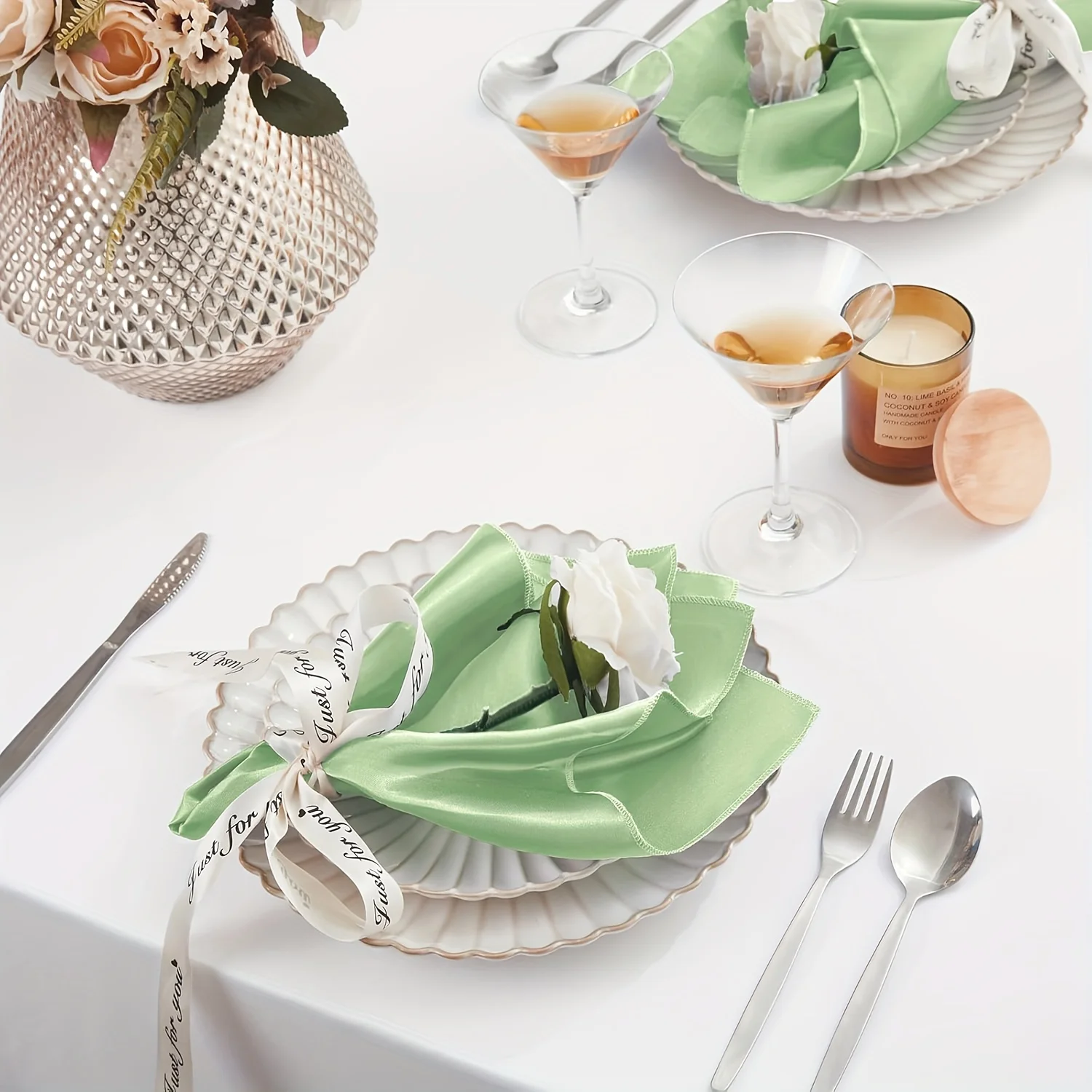 VIKAMA Sage Green Satin Cloth Napkins 48pcs Soft Washable Shiny Square Dinner Napkins for Wedding Party Table Decor