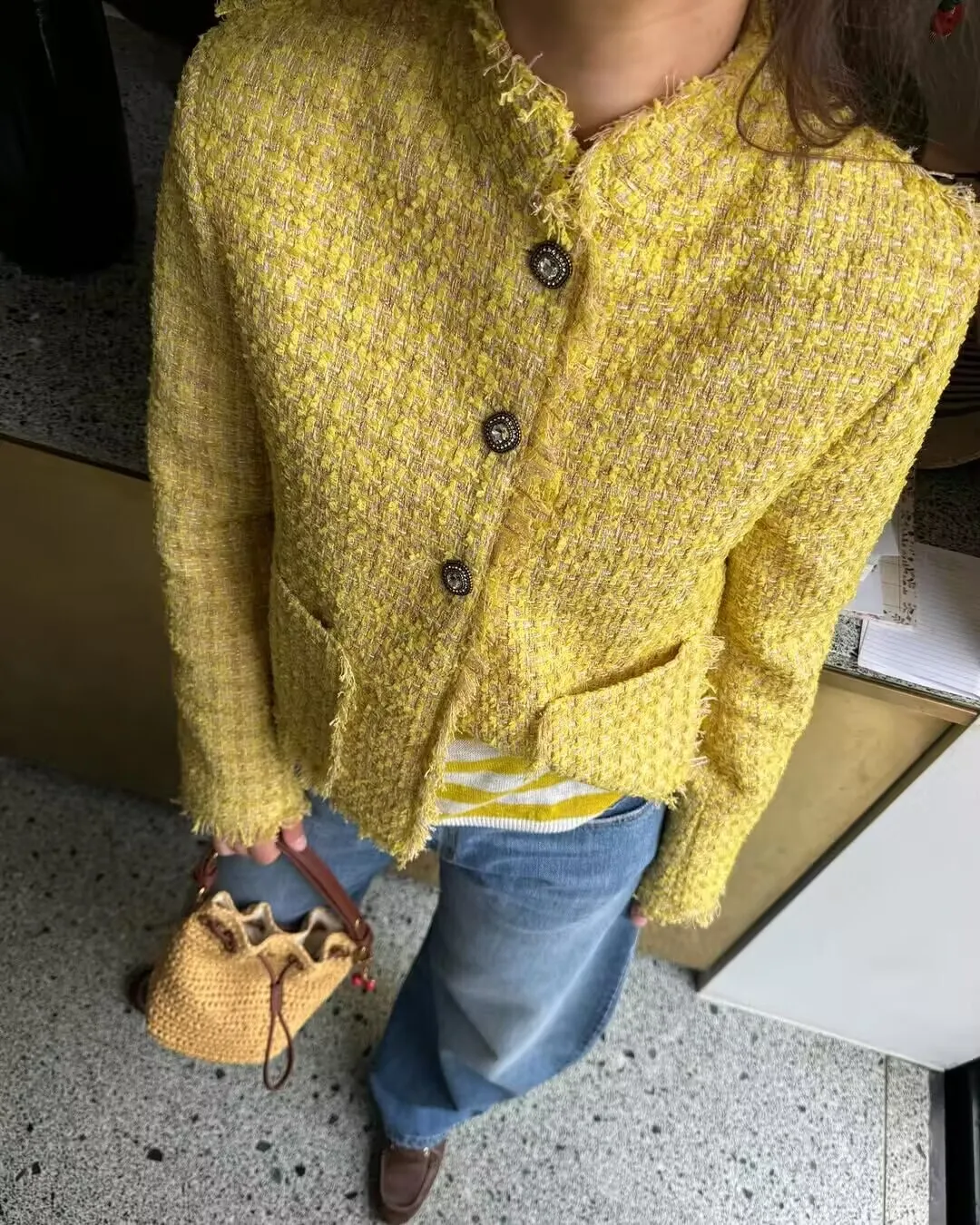 Autumn Winter New Elegant Woolen Coat For Women Tassel Design Fashionable O-Neck Sweet Yellow Tweed Jackets Korean Style Coats