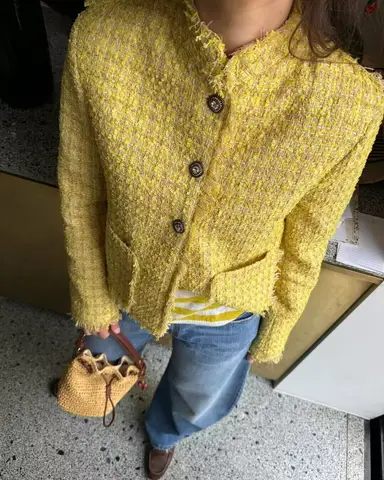 Autumn Winter New Elegant Woolen Coat For Women Tassel Design Fashionable O-Neck Sweet Yellow Tweed Jackets Korean Style Coats