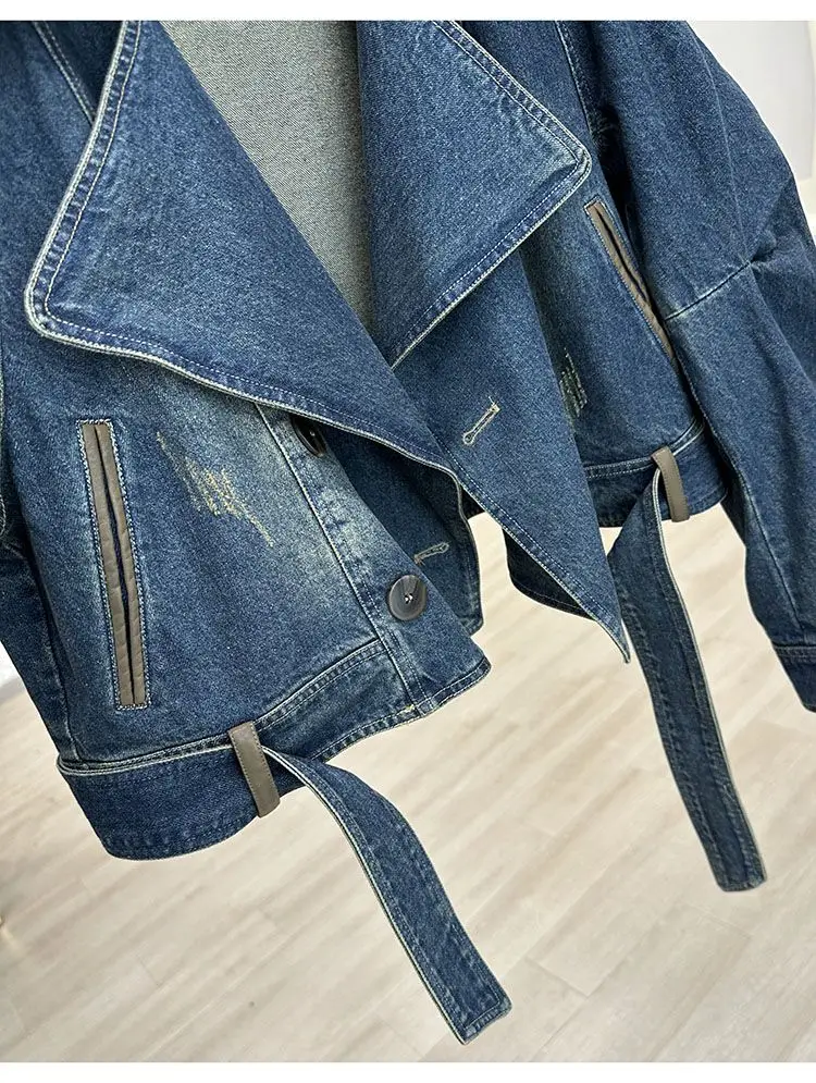 Jaket denim perca antik wanita, jaket denim gaya Korea longgar dengan rasa desain dan tampilan unik