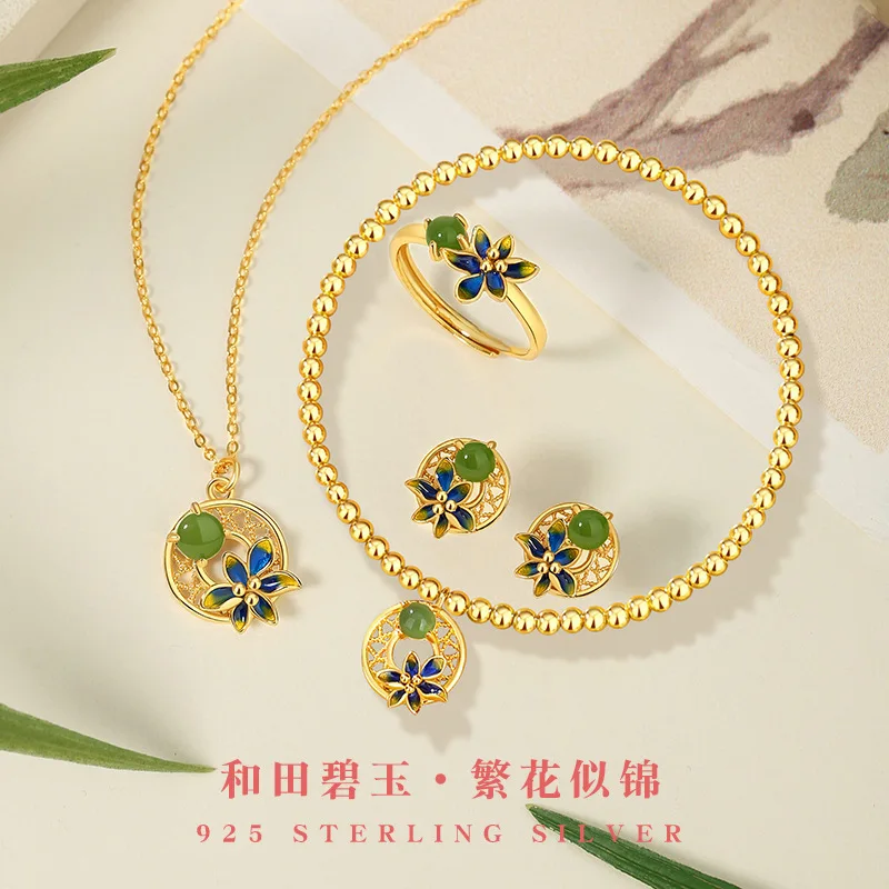 Colorful Pure Silver And Tian Jasper Necklace New Chinese China-Chic Window Pattern Collar Chain Flower Pendant