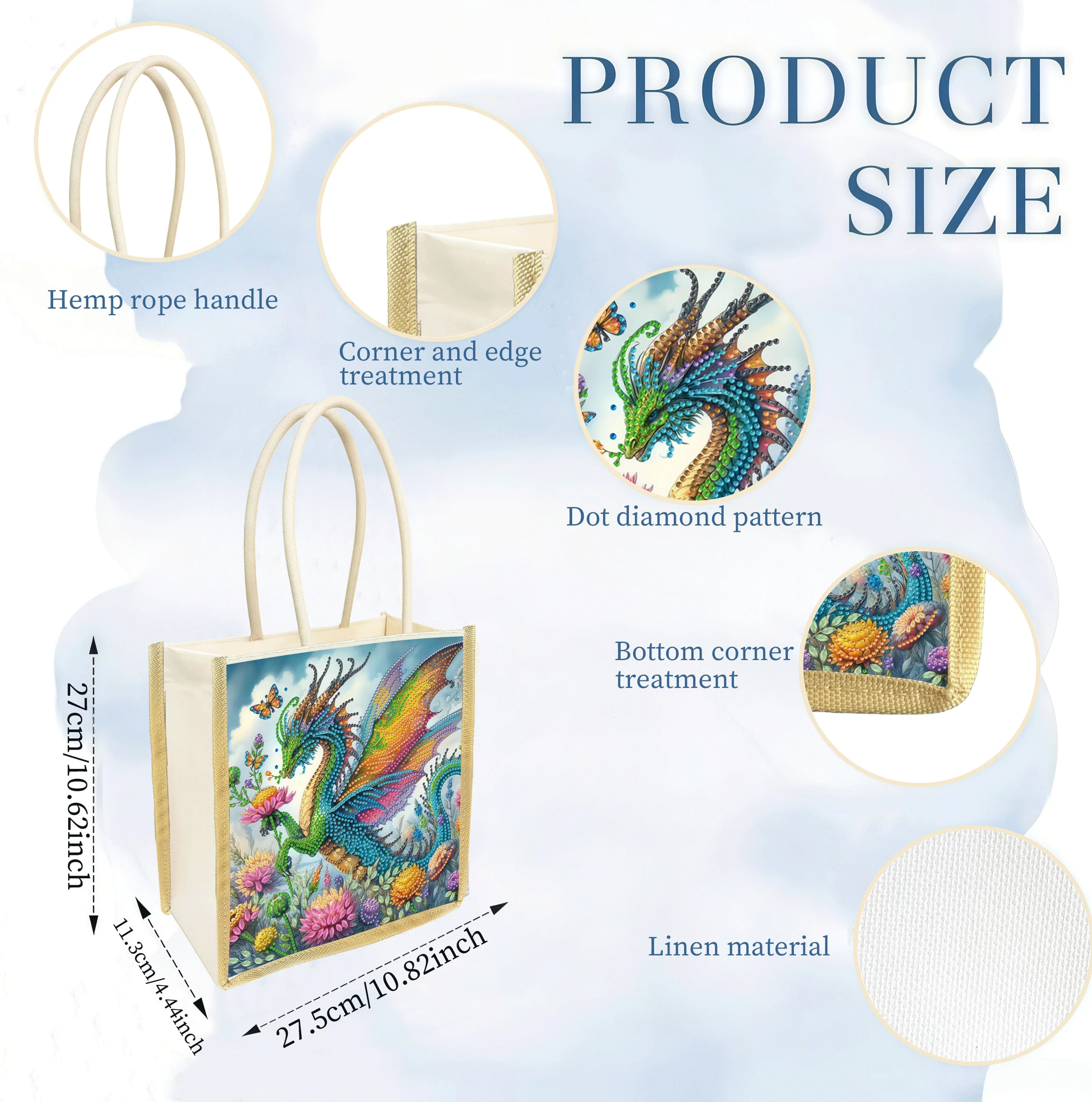 1 Piece of Diamond Painting tote bag Flying Dragon Pattern canvas Material Interchangeable Pattern Travel daily Storage and use