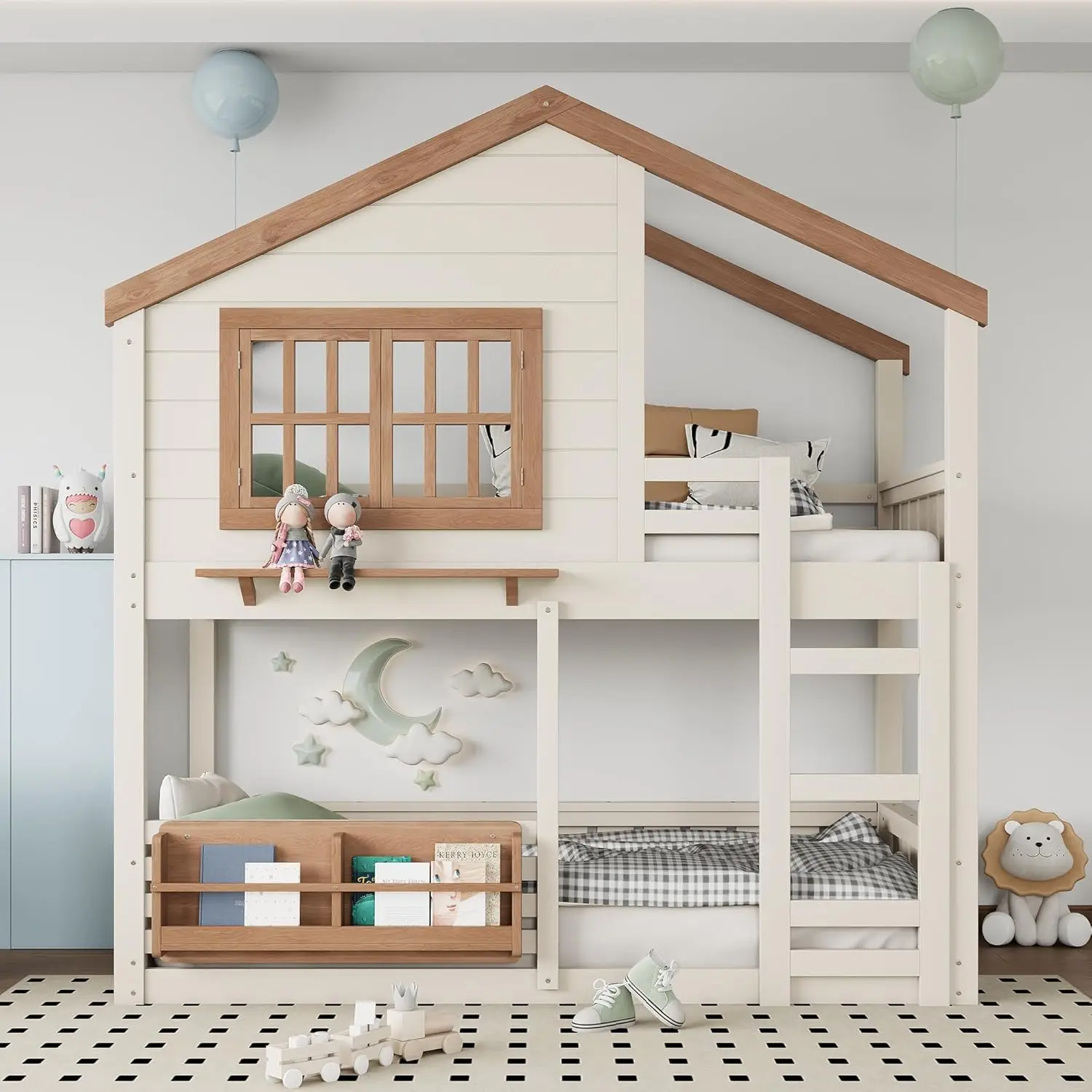 Twin Bunk Bed Window Roof Bookshelf Ladder Guardrail Solid Wood Playhouse Kids Bedroom, Custom