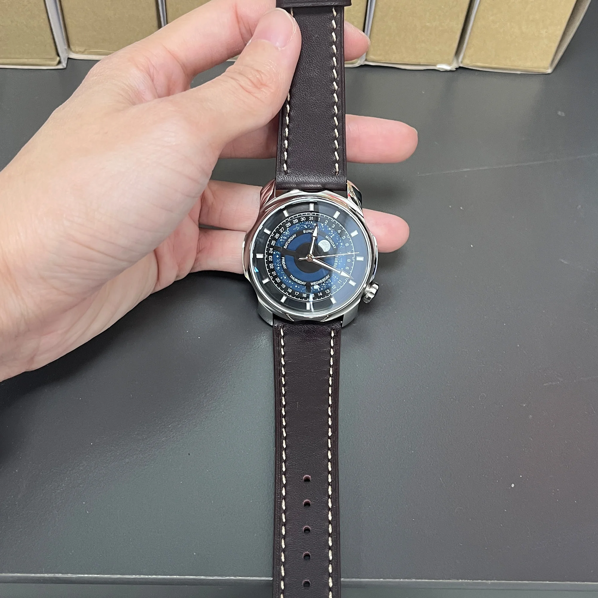 New Arrival Parnis 42MM Blue Personalized Dial Men Watch Automatic Calendar Stainless Steel Miyota 8205 Mechanical Watches Men