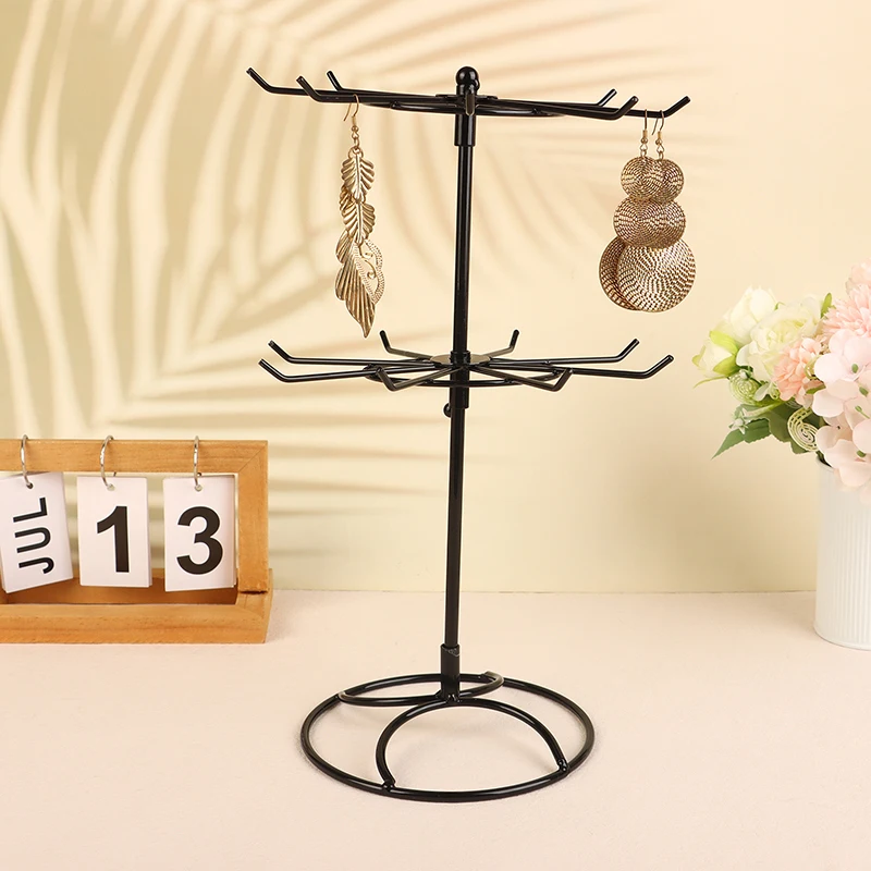 Jewelry Rotating Display Stand 2 Tier Round Metal Necklace Organizer For Hanging Earrings Rings Bracelets Watches Hair Band