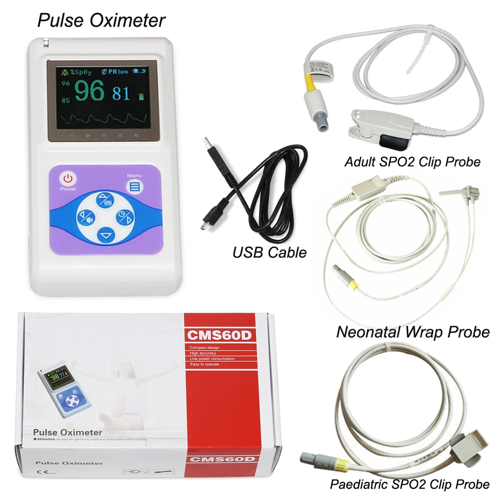 

CMS60D Handheld OLED Finger Tip Pulse Oximeter Blood Oxygen SPO2 PR HR Monitor Adults Neonat SPO2 Probe + PC Software