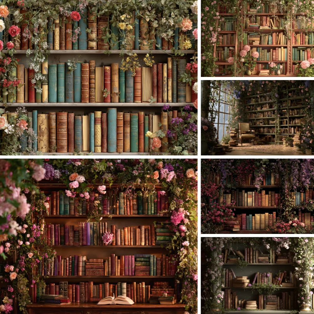 

Photography Background Back To School Bookshelf Window Flowers Kids Birthday Party Portrait Decor Backdrop Photo Studio