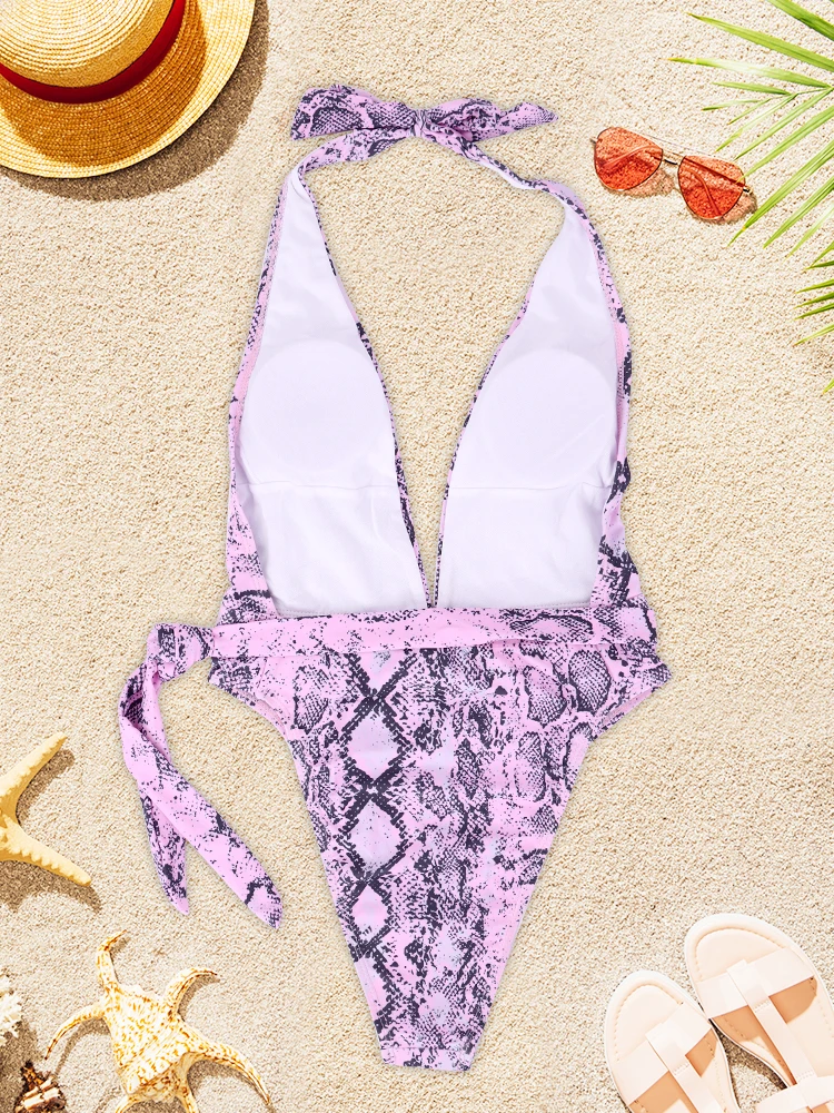 قطعة واحدة ملابس السباحة الرجعية يطبع للنساء الصيف بحر ثوب السباحة بلا أكمام عارية الذراعين بحر معلقة الرقبة ارتداءها #4