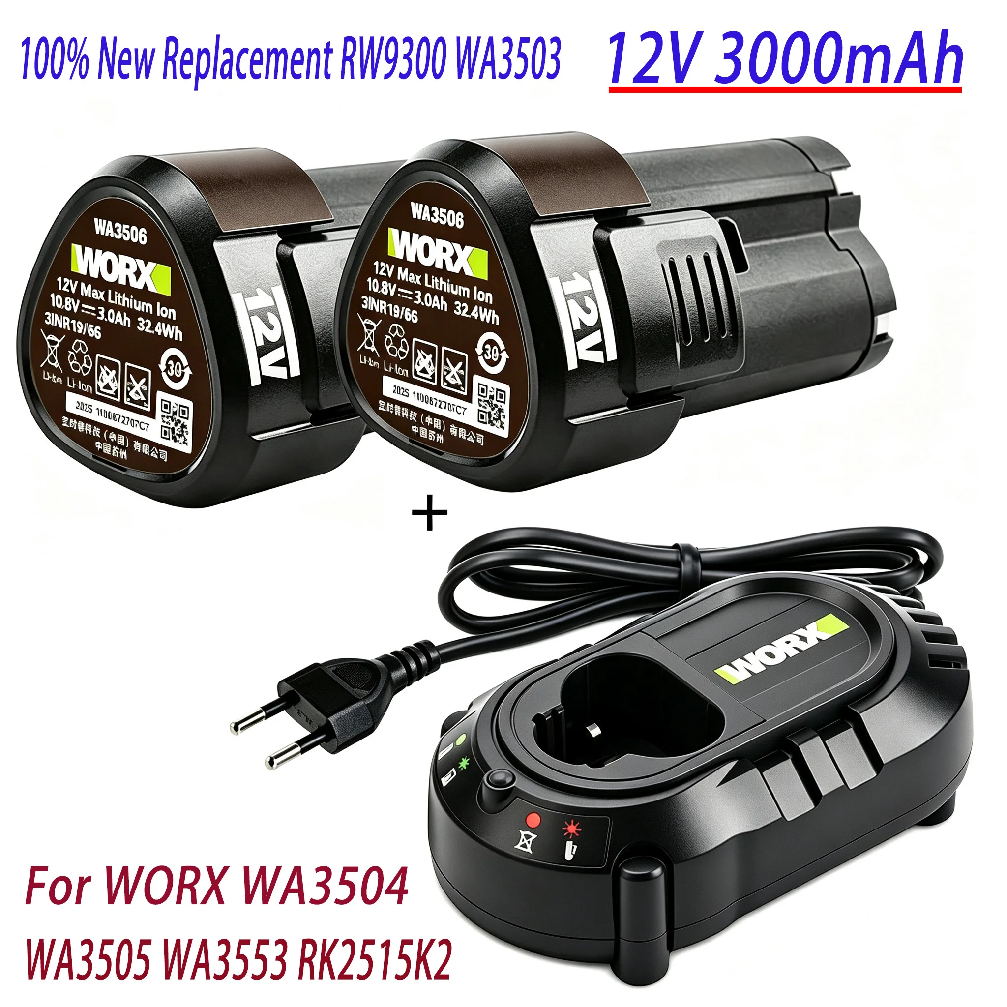 100% New 12V 3000mAh RW9300 WA3503 Replacement Li-ion Battery For Worx WA3504 WA3505 WA3553 RK2515K2 Cordless Tool Power Battery