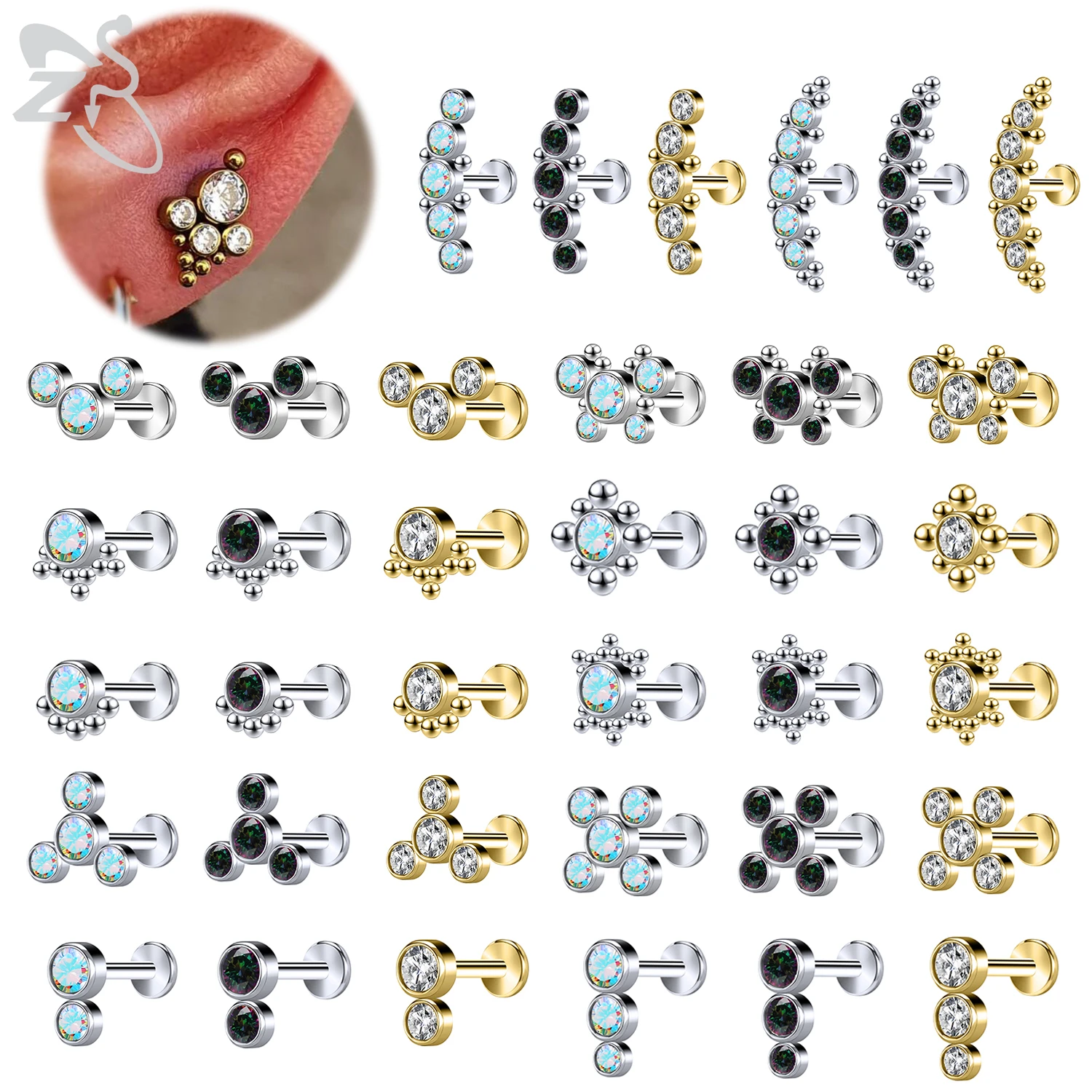 ZS 1 PC Gold Color Stainless Steel Labret Piercing Ball Ear Stud Crystal Ear Cartilage Tragus Helix Conch Piercings Jewelry 16g