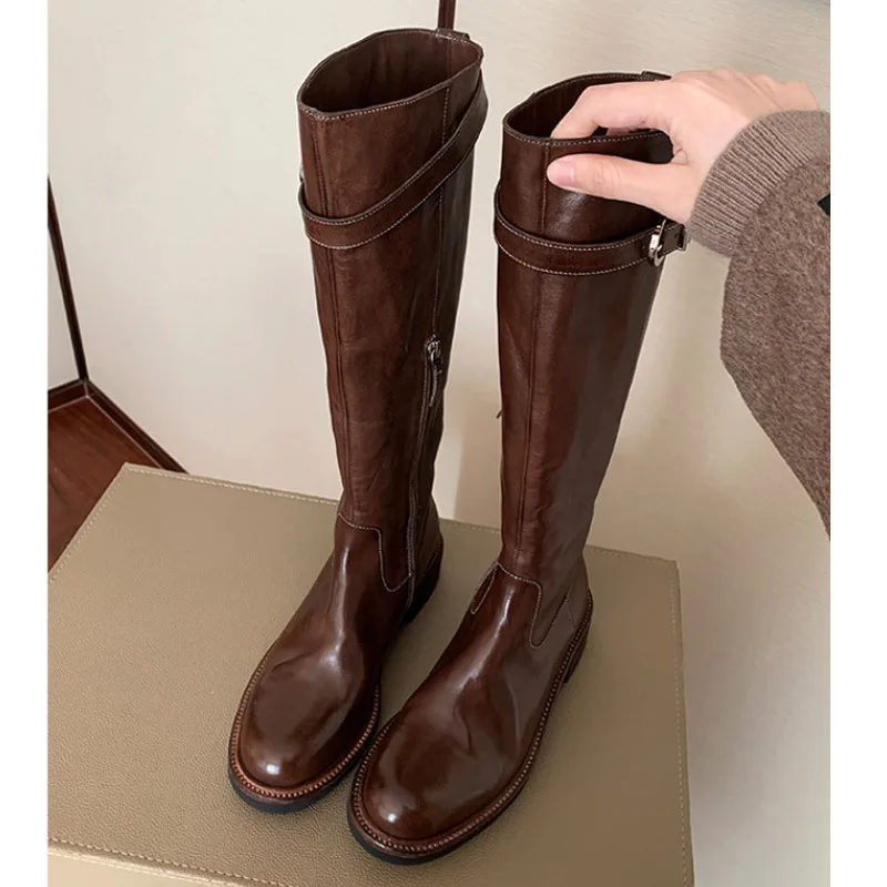 Aneikeh Brown Leather Buckle Strap Knee High Riding Boots Women Low Block Heel Retro Knight Long Boots Casual Footwear