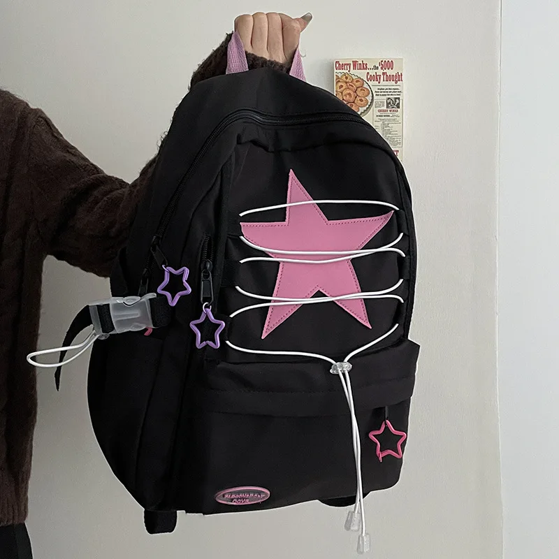 Lightweight nylon fabric student schoolbag with pink star straps, large-capacity creative travel backpack for women