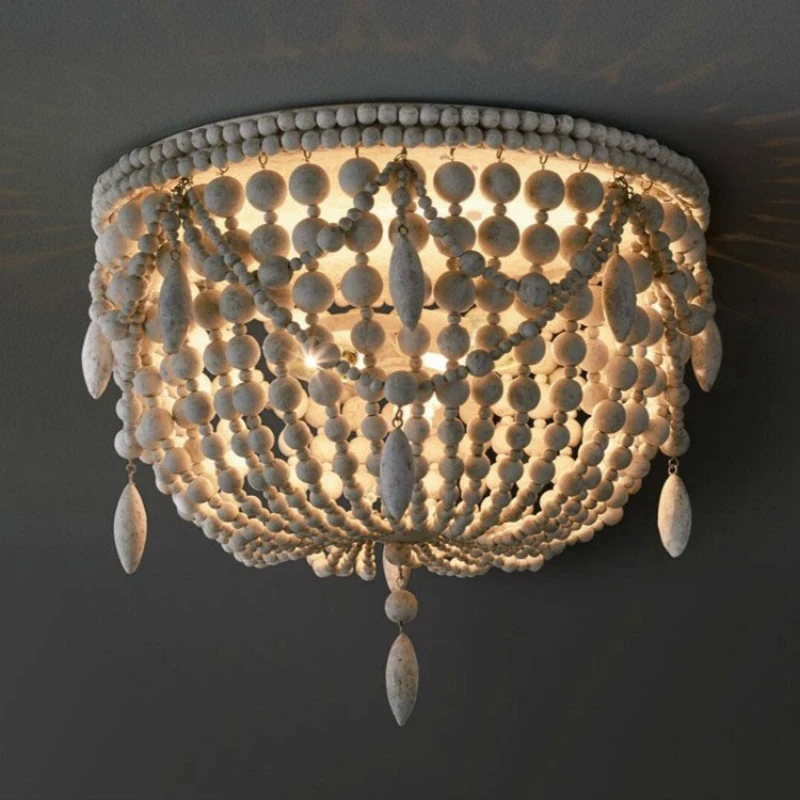 Bohemian Style LED Wood Bead Ceiling Light French Fixture for Living Room Bedroom Dining Table Home Decoration Lighting
