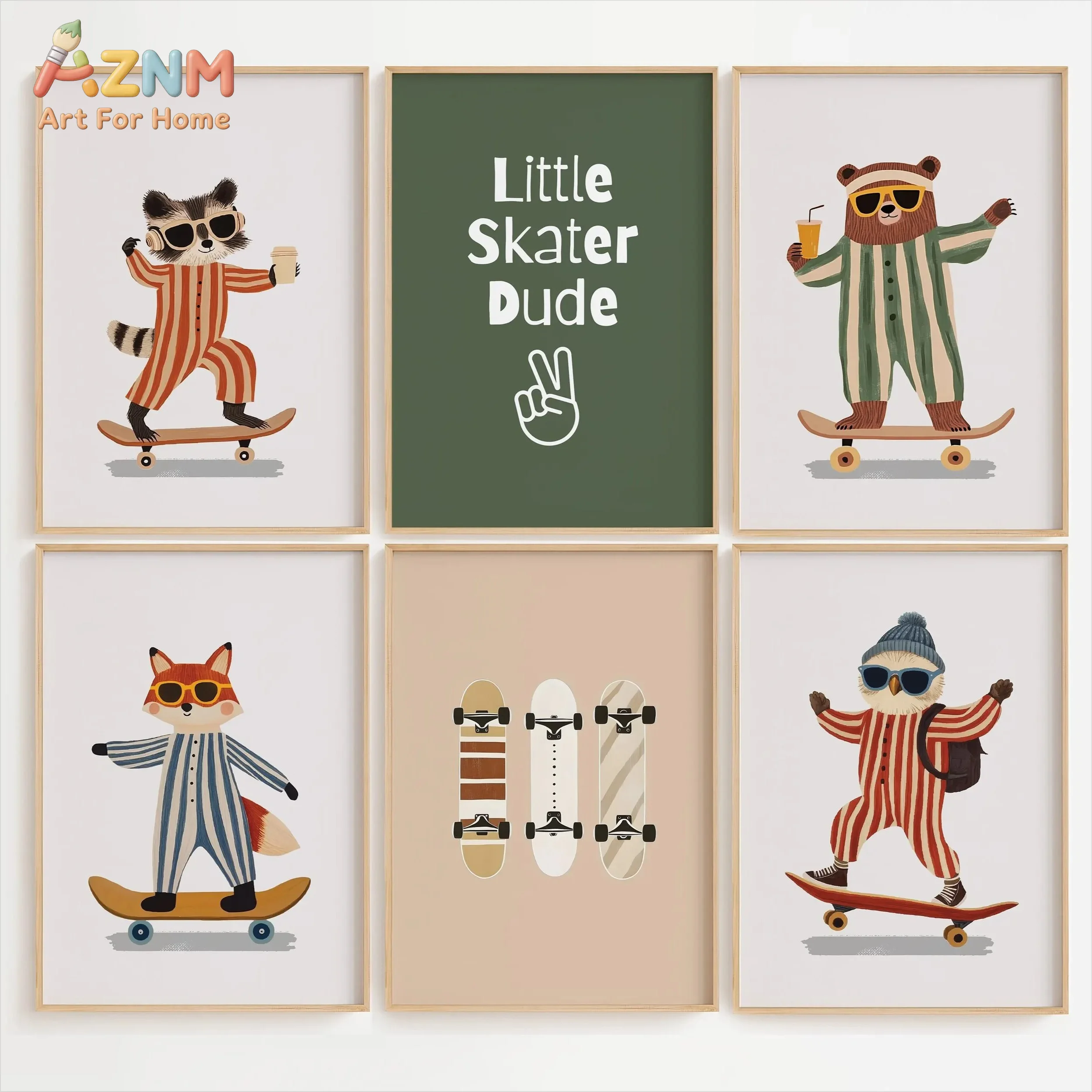 AZNM Boho Adventure Kids Canvas Wall Art Cute Dog Airplane Lion Skateboard Vintage Car Rainbow Mountain Cartoon Print Neutral To