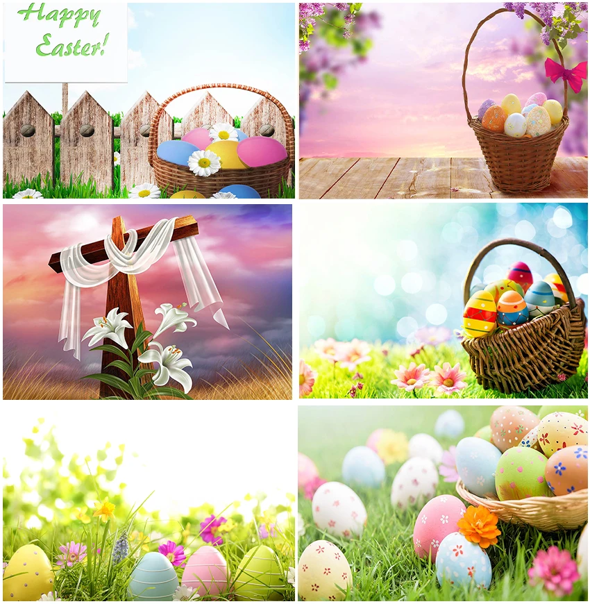 Happy Easter Spring Outdoor Camping Backdrops Eggs Bunny Fence Floral Bokeh Sunlight Wood Cross Photographic Backgrounds Banner