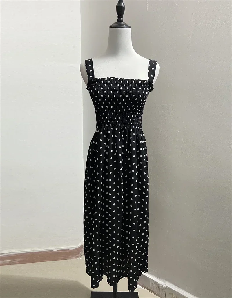 Damen Sommer Polka Dot Chiffon Langes Kleid Elegantes Quadratischer Ausschnitt Ärmelloses Kleid Lässige Damenkleider – Detail 6
