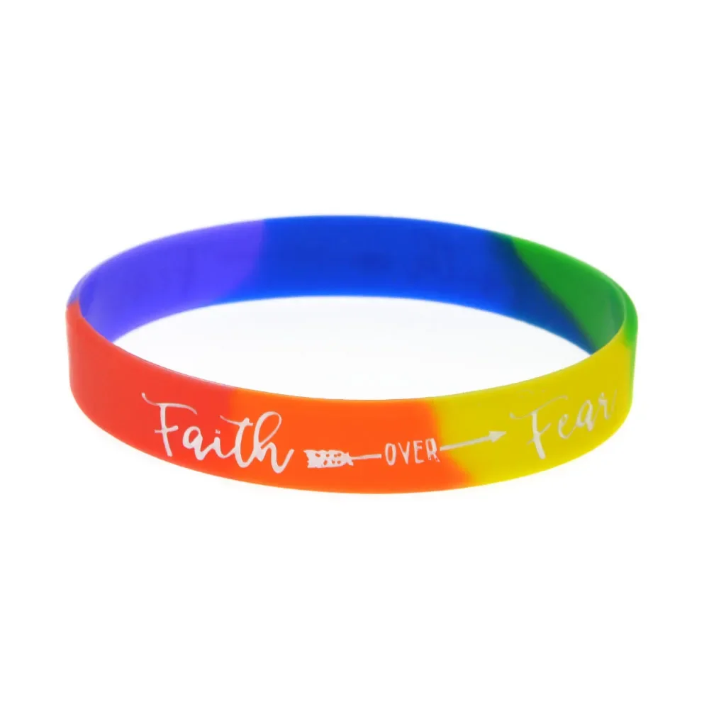 50 Pcs Faith Over Fear Silicone Rubber Wristband Rainbow Color Adult Size Bangle Unisex