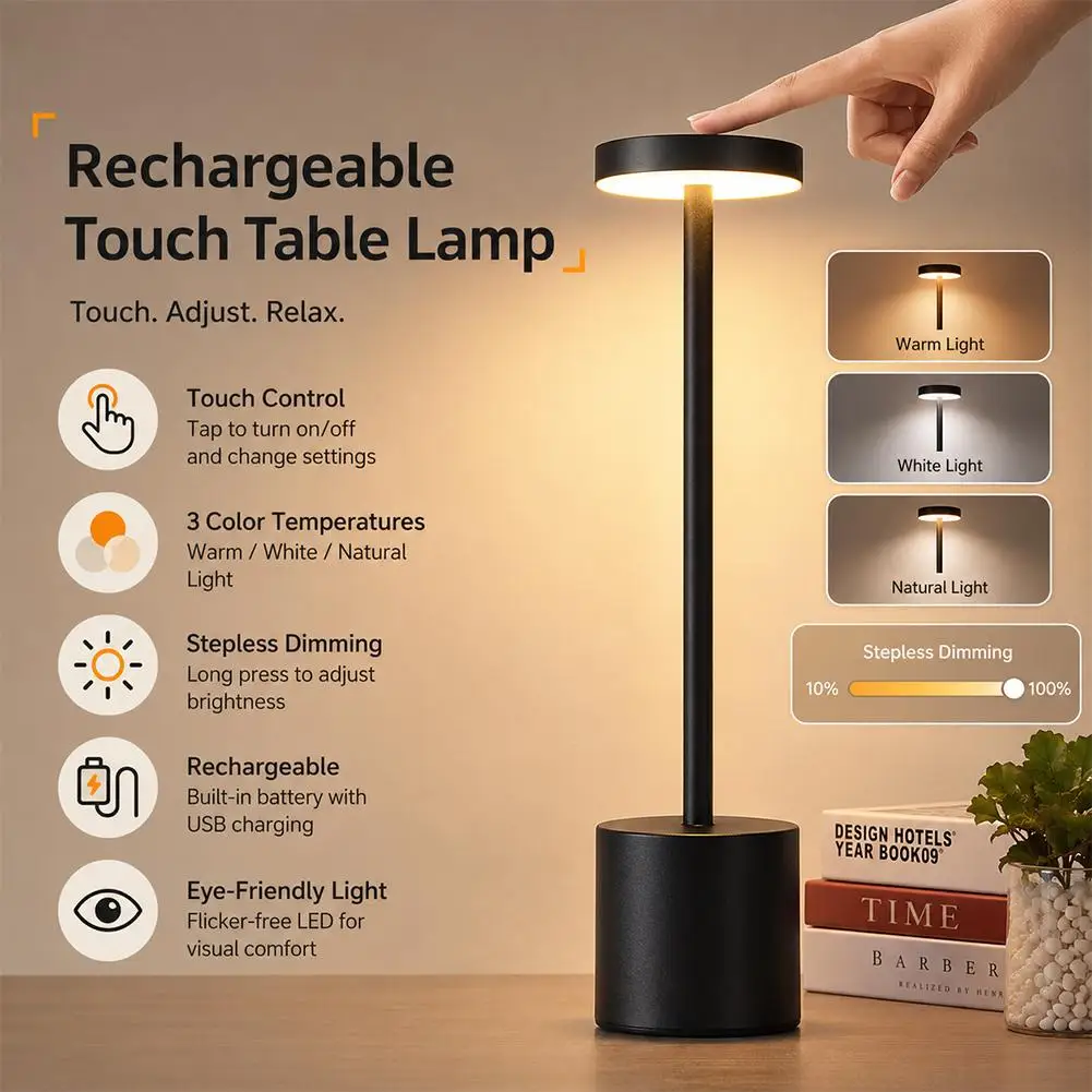 3-Color Touch Control Rechargeable Desk Lamp Cordless LED Table Light for Bedroom Living Room Home Decoration