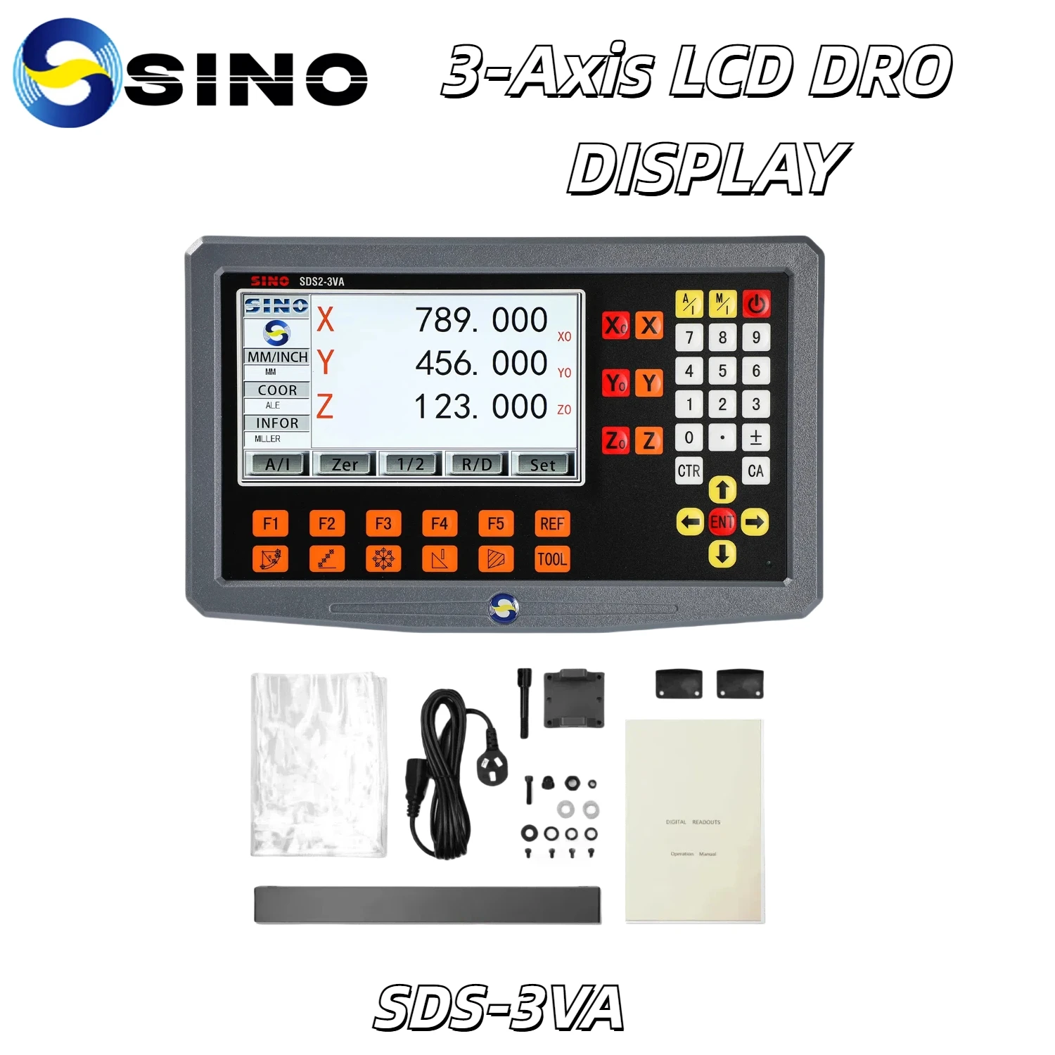SINO 3-Achsen-LCD-DRO-Digitalanzeigekit mit 3 oder 2 DRO-Linearskala, Gitterglaslineal zum Fräsen von Drehmaschinen, SDS2-3VA