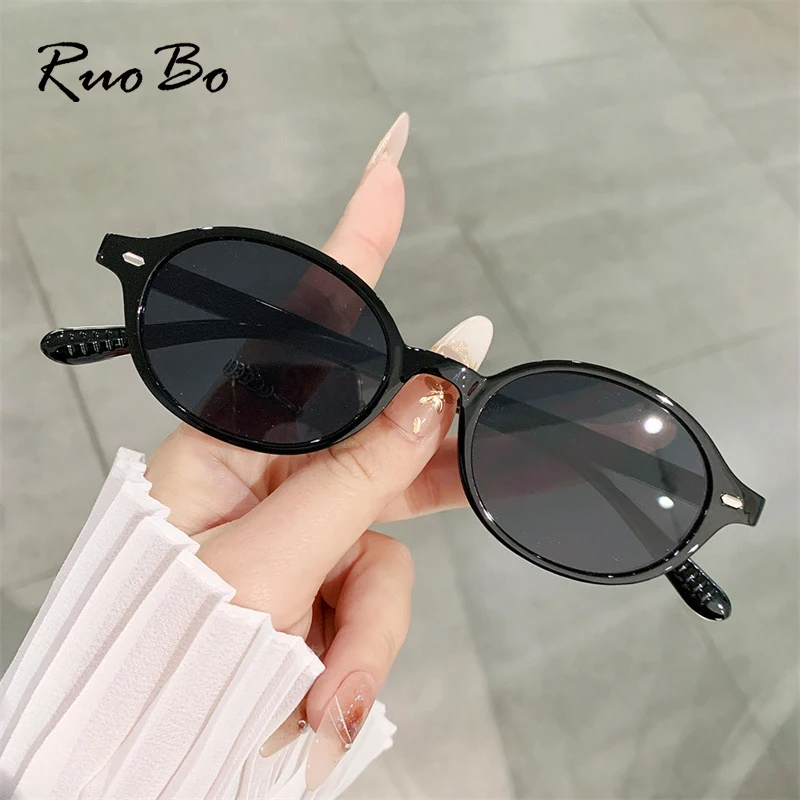 

RUOBO Retro Small Oval Sunglasses for Women Leopard Korean Trend Rivets Anti Blue Light Computer Glasses Frame Decorative Shades