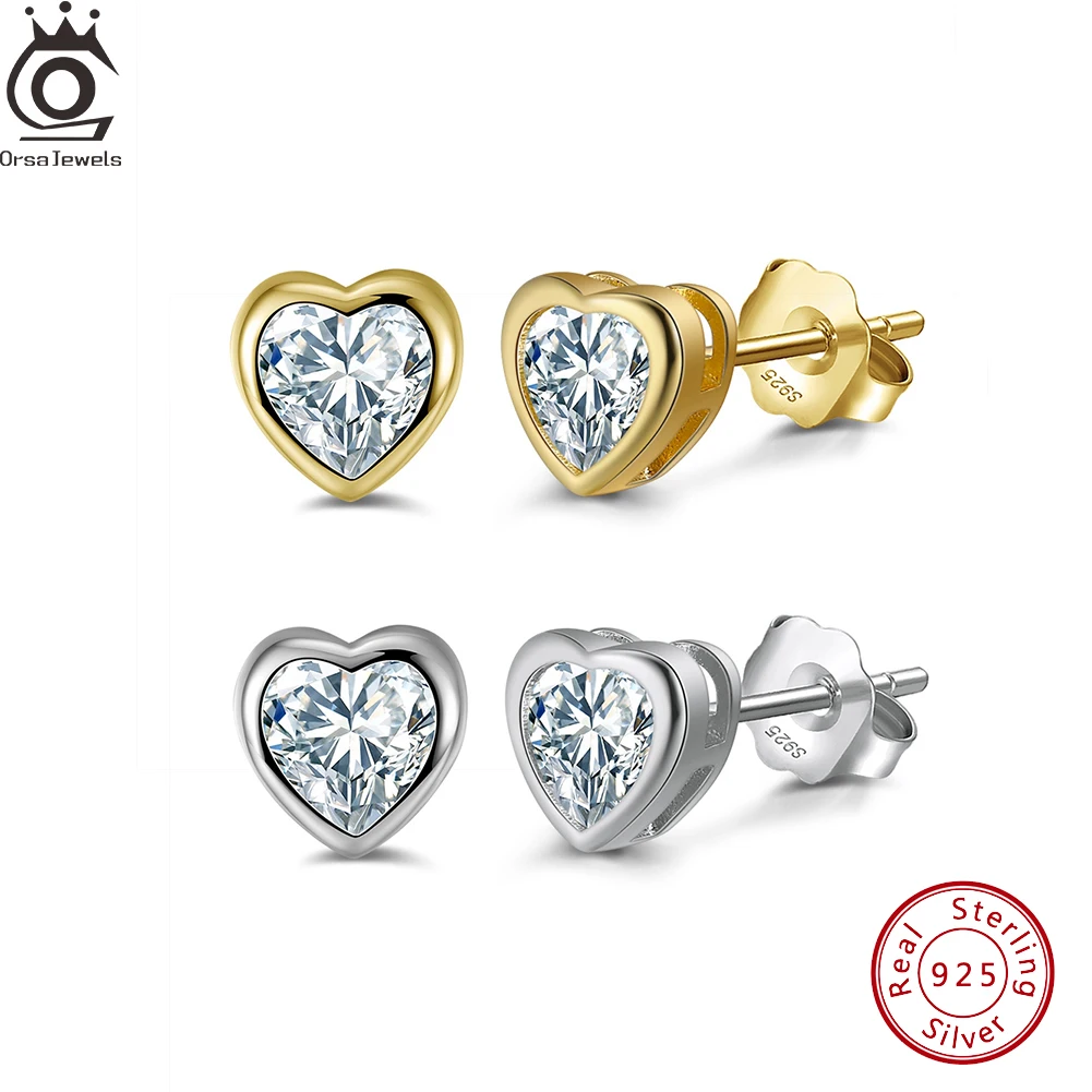 ORSA JEWELS 14K Gold Cubic Zircon Love Heart Stud Earrings Necklace Jewelry Set 925 Sterling Silver Crystal CZ Earrings APE44