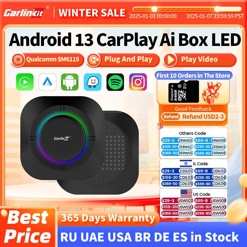 2024 NEW CarPlay AI Box LED Android 13 SM6115 8-Core CPU 5G WiFi BT GPS For Netflix Wireless Android Auto CarPlay Smart TV Box