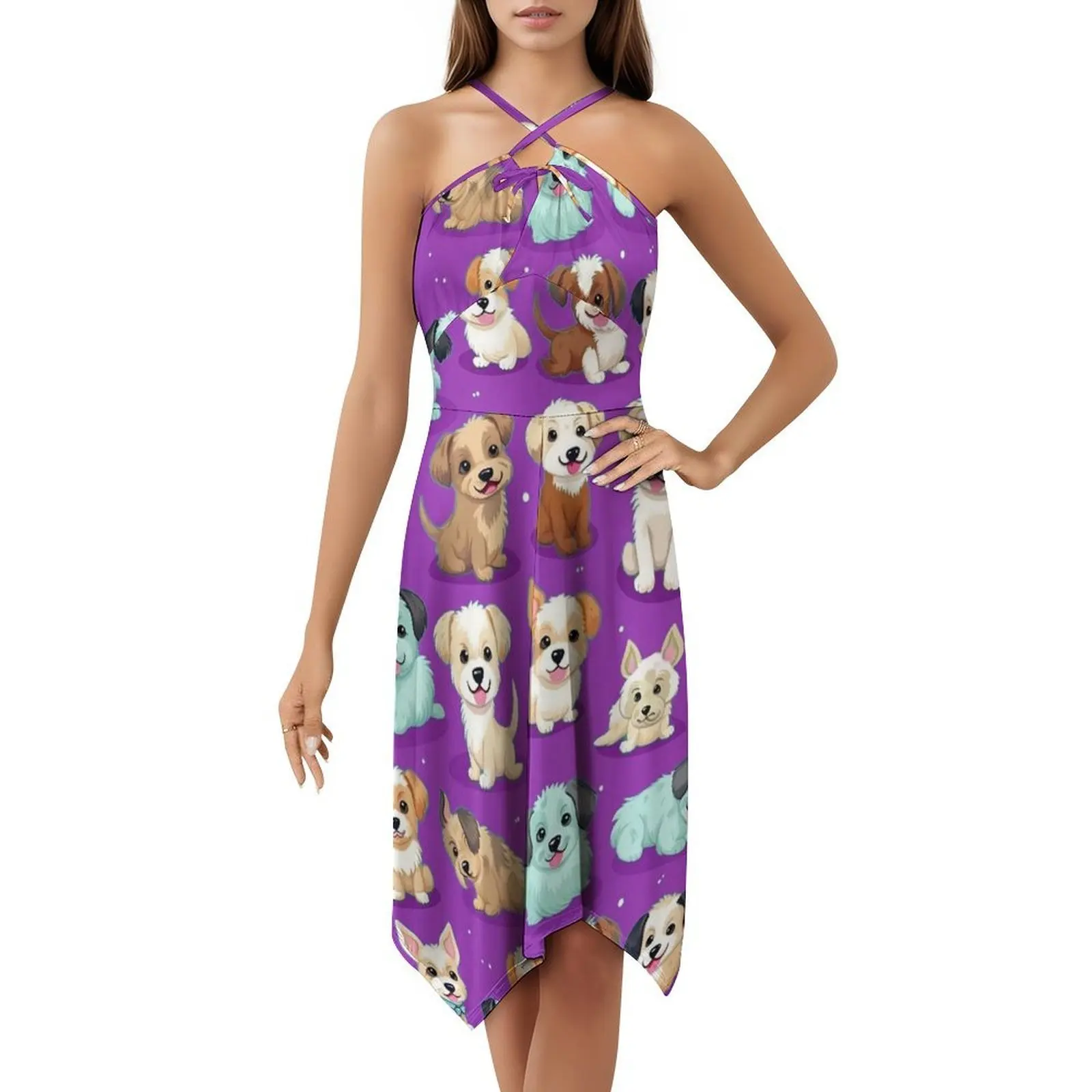 الجراء اللطيفة (الخلفية الأرجوانية) فستان الهيب هوب النسائي ملابس الشارع الشهير جرافيك طباعة ملابس الحفلات والنوادي الجراء الكلاب نمط لطيف