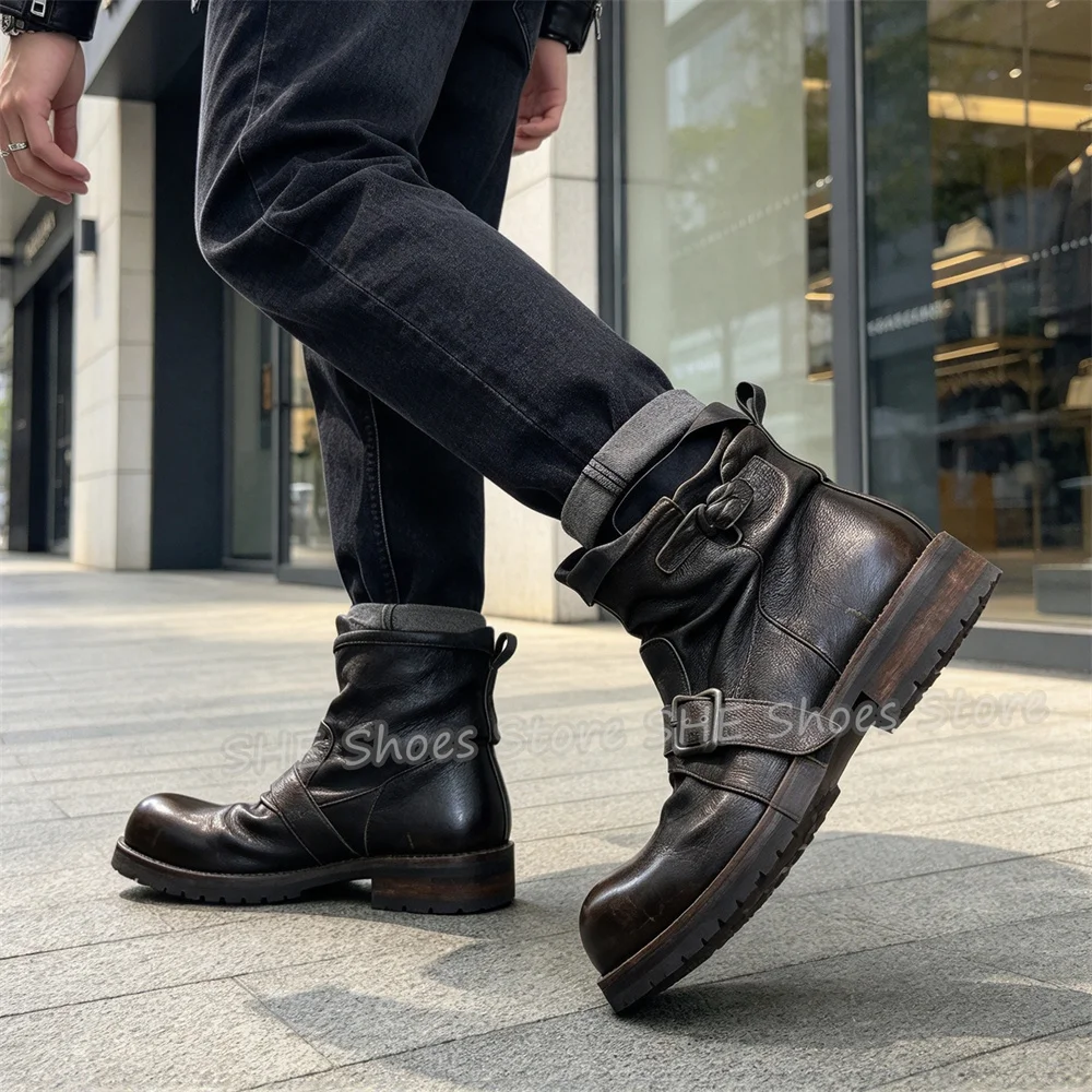 Vintage Distressed Design Leather Male Ankle Boots Round Toe Chunky Bottom Double Buckle Short Boots Outside Motorcycle Boots