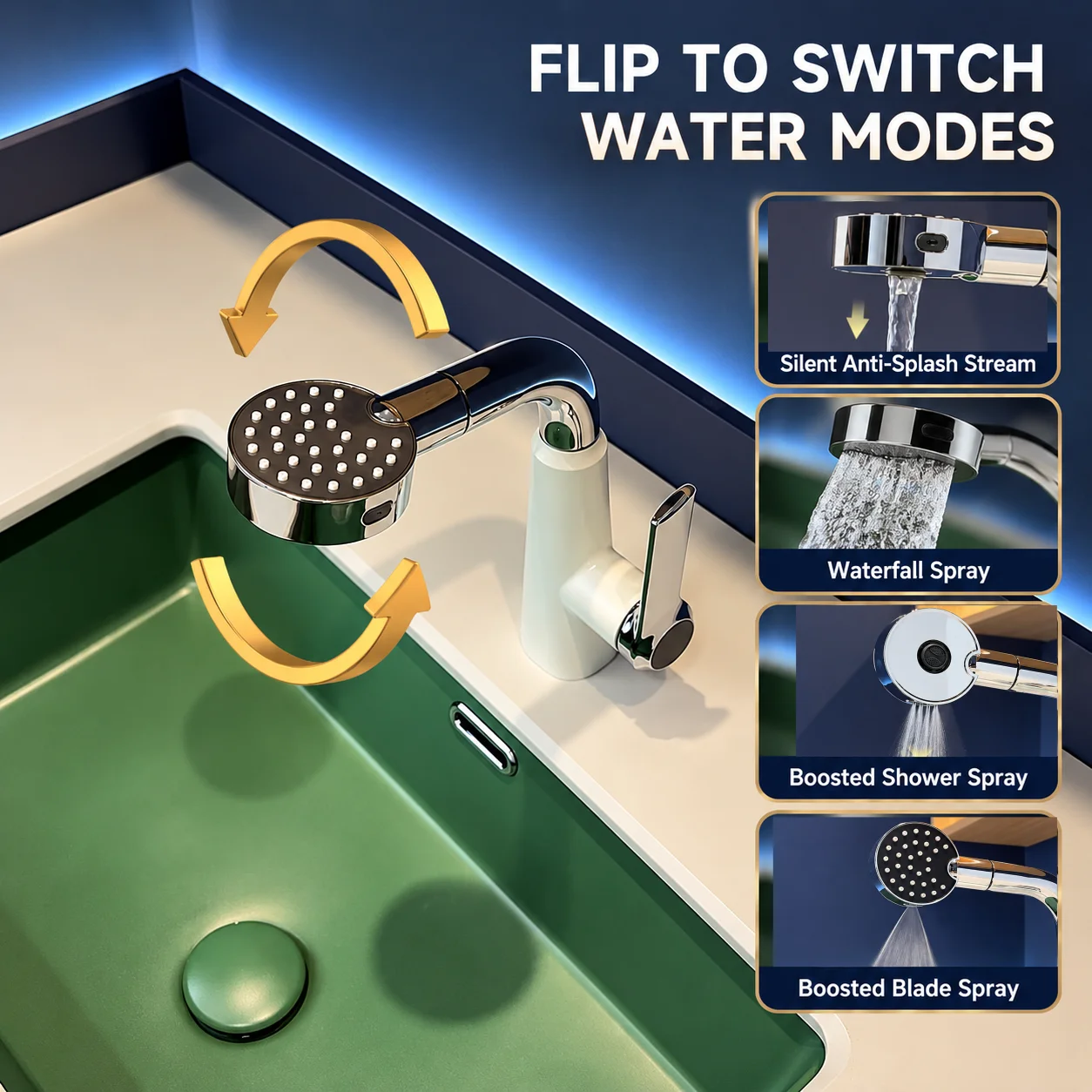 Pull Out Bathroom Sink Faucet Multi Mode 360° Swivel Height Adjustable Brass Hot Cold Basin Mixer Tap with Handheld Sprayer