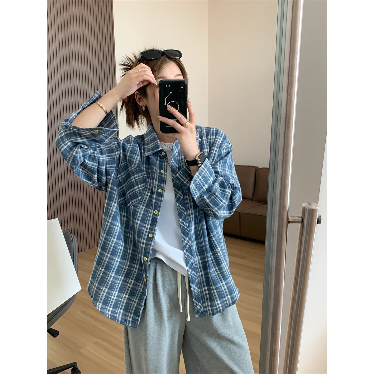 Brushed Blue Plaid Shirts For Women Spring Autumn Korean Loose And Slimming Casual Shirt