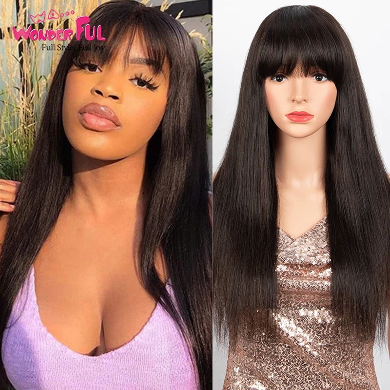 

Long Straight Human Hair Wig with Bangs None Lace Glueless Wig for Black Women Brazilian Virgin Natural Color Hair Machine Made