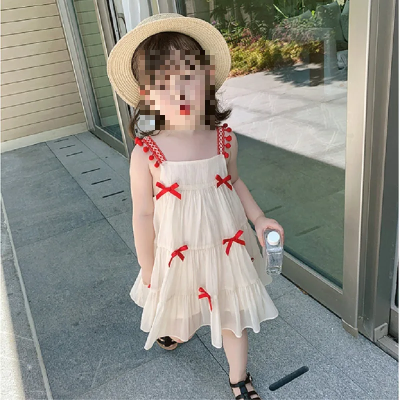 Girls' Dress with Small Balls and Bowknot, Strap Dress25Summer New Foreign Trade Children's Wear Delivery3-8Years Old