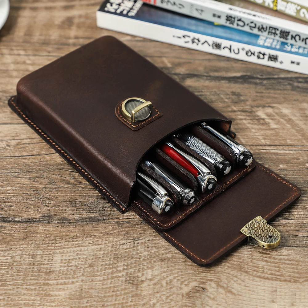 Creative Handmade Cowhide Pens Case Box with Remove Pen Tray Portable Pen Holder Office School Pencilcase Pouch Supplies