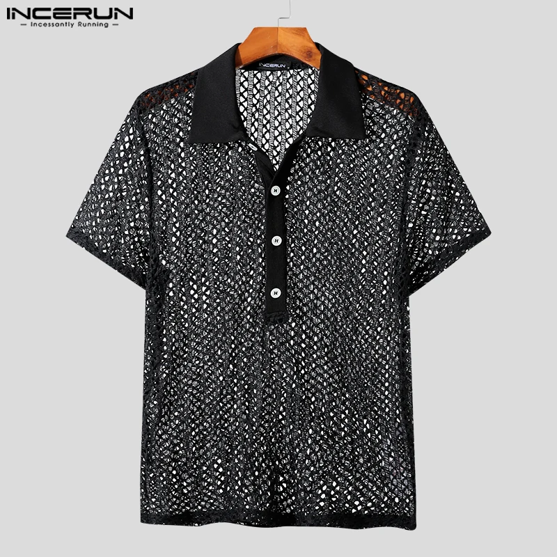 

INCERUN Men Shirt Mesh Transparent Hollow Out Sexy Lapel Short Sleeve Men Clothing Streetwear 2026 Solid Fashion Camisas S-5XL