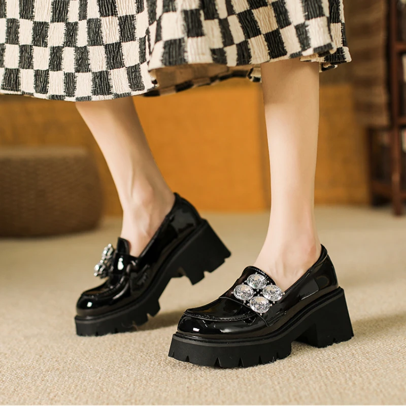 Rhinestone Platform Mary Jane Shoes Women Pumps New Black Thick Bottom Loafers JK Uniforms Fashion Crystal Chunky Loafers Female