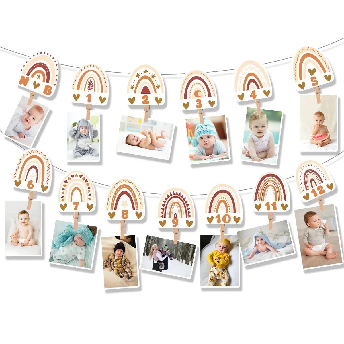 Rainbow First Birthday Photo Supplies Baby Boho Monthly Milestone Photo Banner Newborn to 12 Months for Bohemian Birthday Party