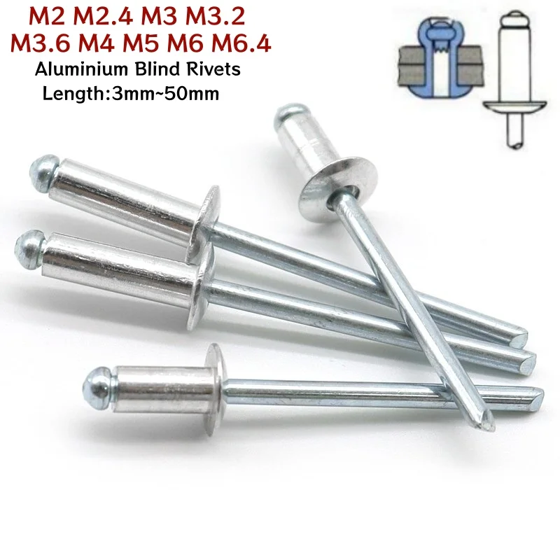 Aluminium Blind Rivets M2 M2.4 M2.8 M3 M3.2 M4 M5 M6 M6.4 Dome Head Pop Rivets for Aluminium Sheet Steel Mandrel Exhaust Rivets